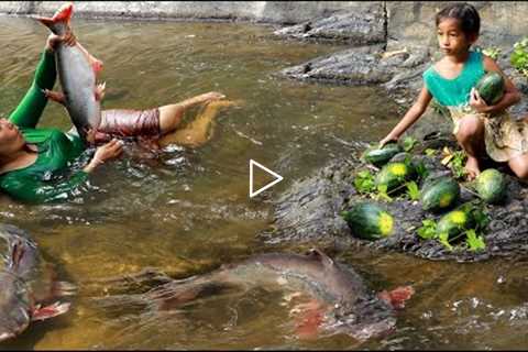 Catch fish and pick water melon by river-  Mother grilled fish spicy chili for dinner with daughter